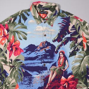Vintage Nautica Hawaiian Shirt Linen Blend Hula Girl Aloha Mens Medium